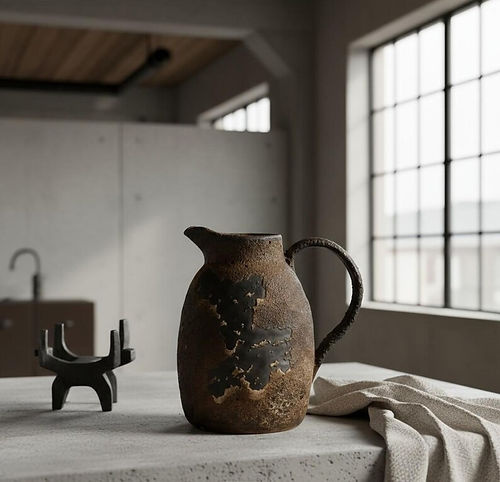 Rustic ceramic pitcher vase – handmade wabi-sabi decor – raw clay farmhouse vase