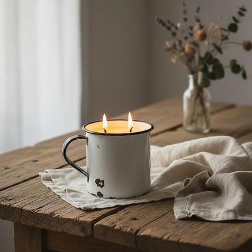 Vintage enamel mug – hand-poured soy wax – clean and soothing scent – ​​country home design 