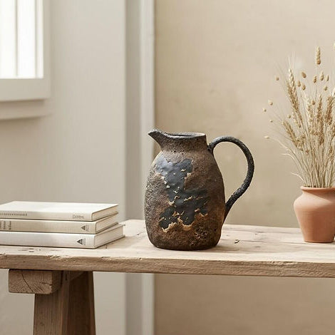 קנקן קרמיקה כפרי – אגרטל קנקן בעבודת יד – עיצוב בסגנון וואבי-סאבי