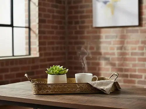 Vintage Style Brass Serving Tray: Floral Cutout Handles, Decorative Metal Platter