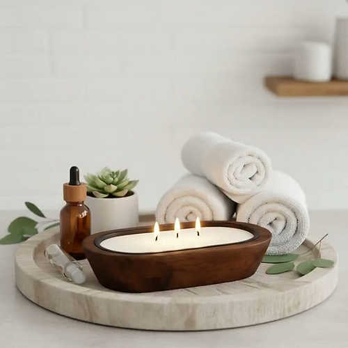 Large rustic wooden bowl candle: Scented soy candle with three burning wicks
