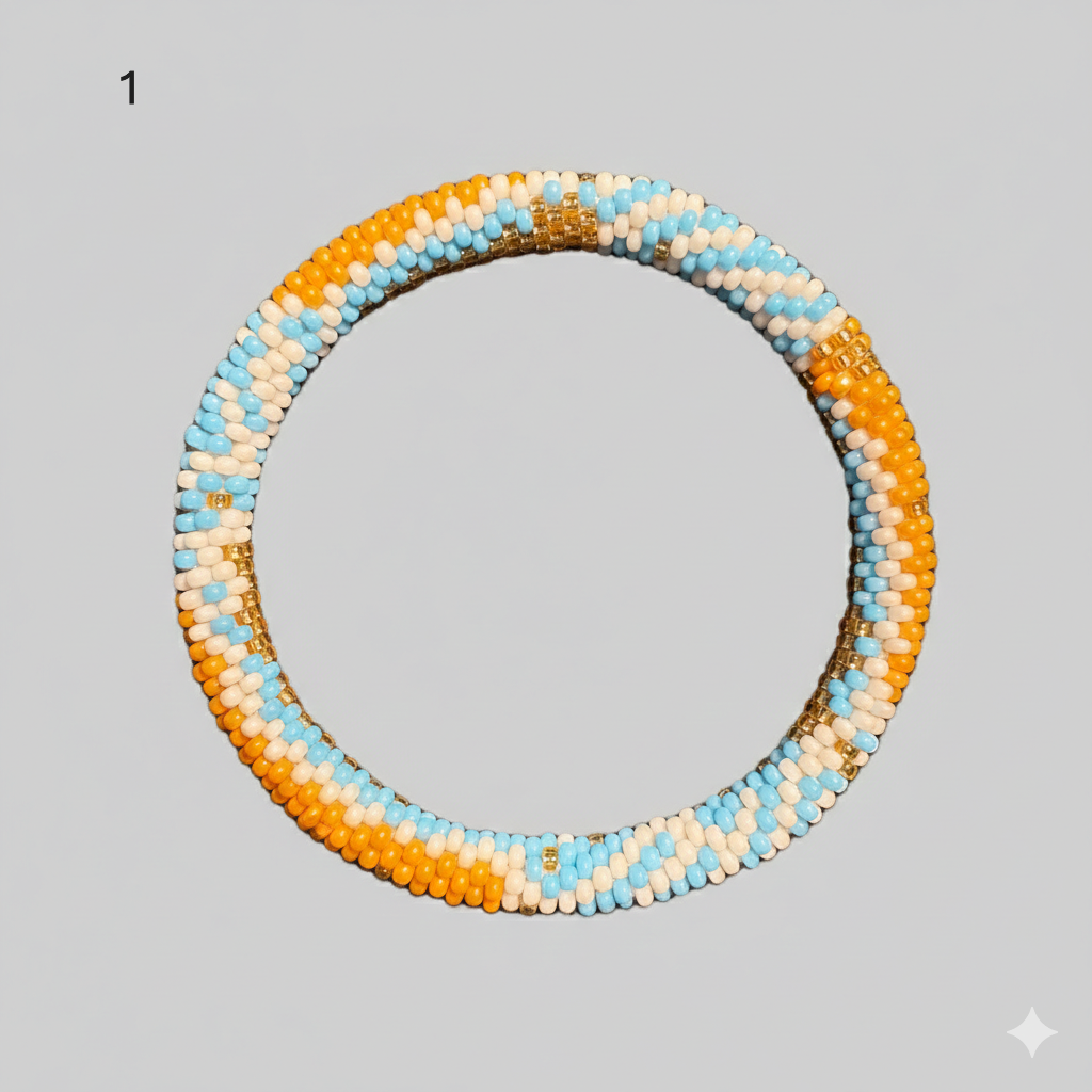 A selection of beaded bracelets from Nepal in orange and light blue 