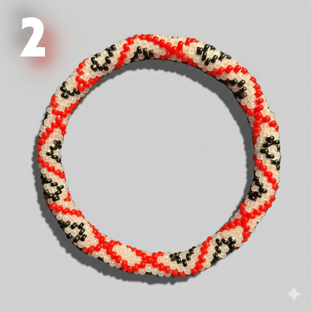 A selection of beaded bracelets from Nepal, handmade in black and red