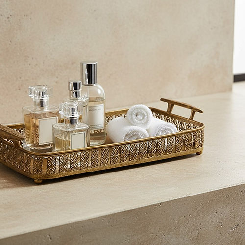 מגש הגשה מפליז בסגנון וינטג': ידיות בחיתוך פרחים, מגש מתכת דקורטיבי