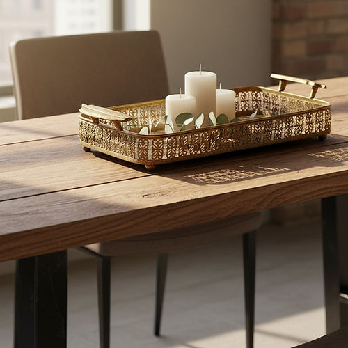 Vintage Style Brass Serving Tray: Feather cutout Handles, Decorative Metal Platter