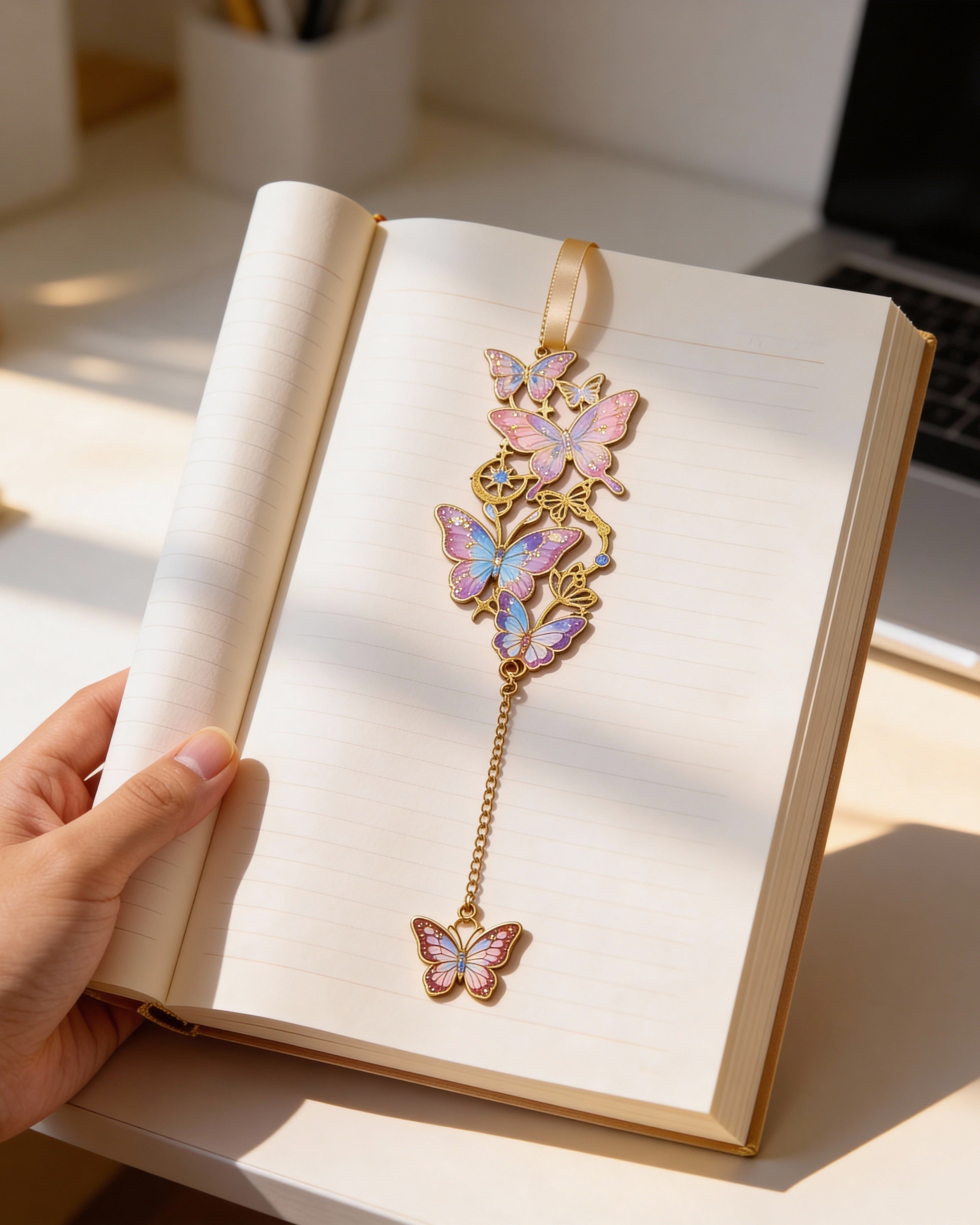 Pair of butterfly chain bookmarks (set of 2) – made of colored plated metal with a pendant 