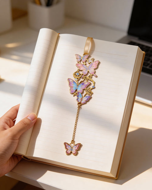 כותרת: זוג סימניות שרשרת פרפר (סט 2 יחידות) – סימניות מתכת בציפוי צבעוני עם תליון , 3 אפשרויות צבע