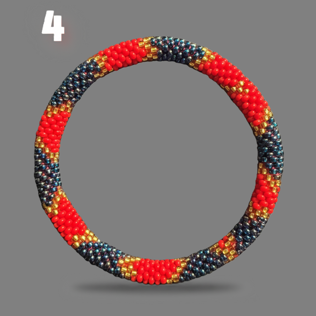 A selection of blue and red beaded hoop bracelets, handmade from Nepal.