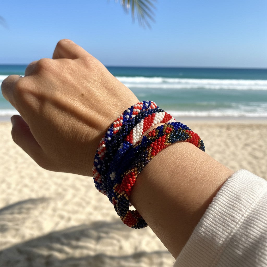 A selection of blue and red beaded hoop bracelets, handmade from Nepal.