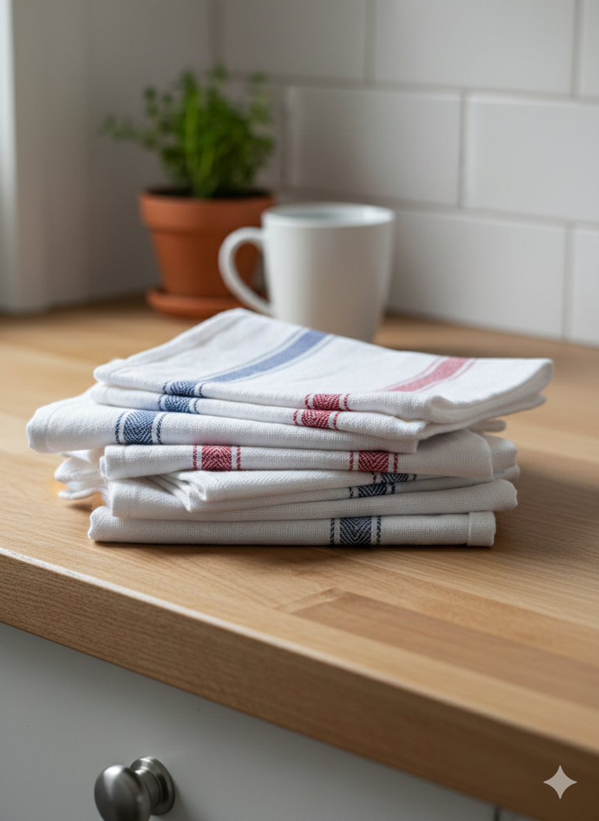 French Bistro Style Cotton Kitchen Towels – Red and Blue Stripes 