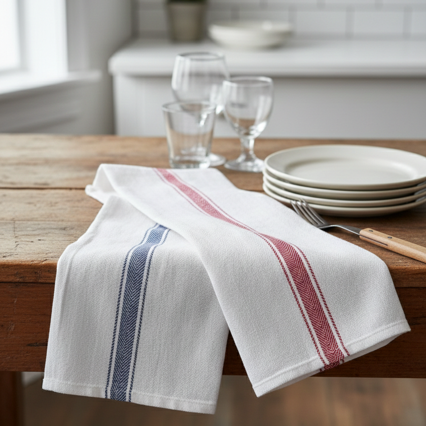 French Bistro Style Cotton Kitchen Towels – Red and Blue Stripes 