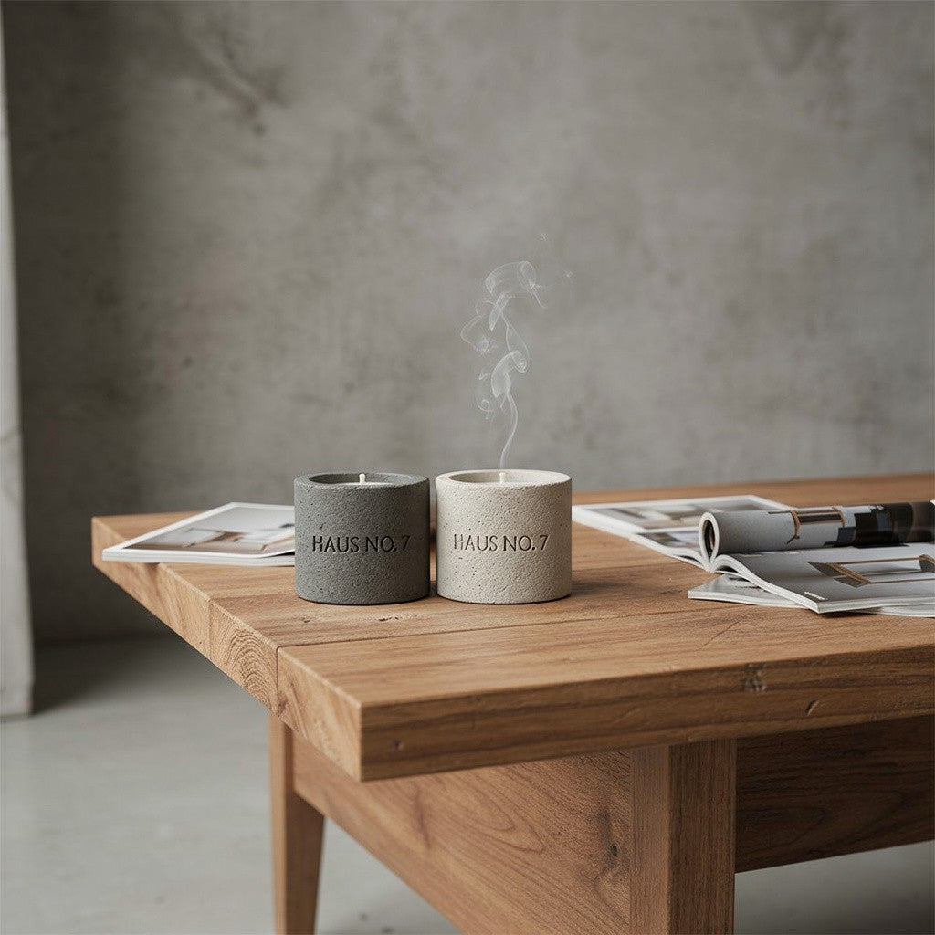 Handmade concrete candle – industrial scented candle – minimalist cement vessel – urban home decor