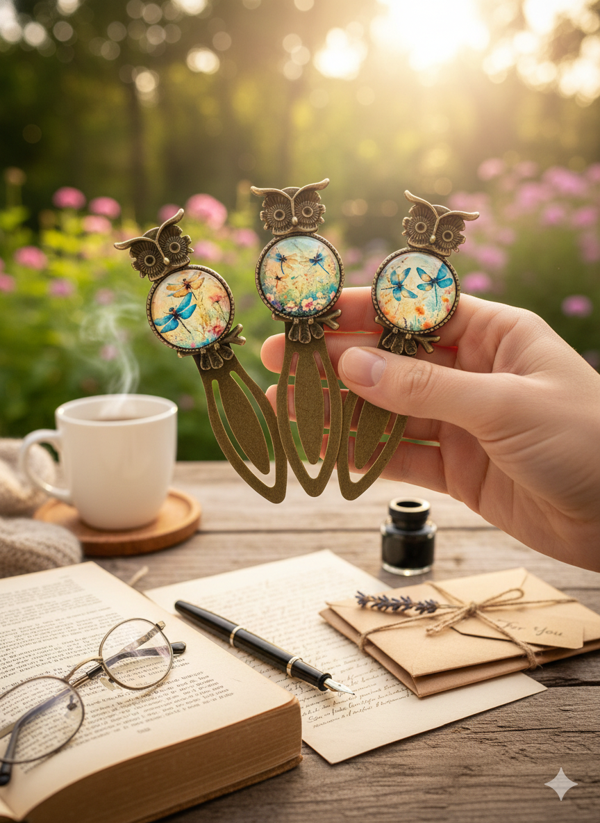 Vintage style owl and butterfly bookmark – metal with antique bronze finish