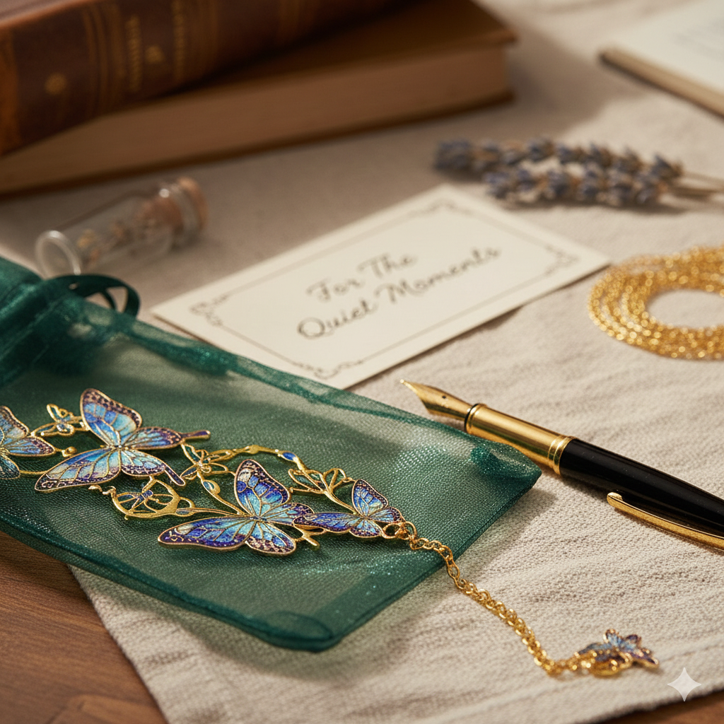 Pair of butterfly chain bookmarks (set of 2) – made of colored plated metal with a pendant 