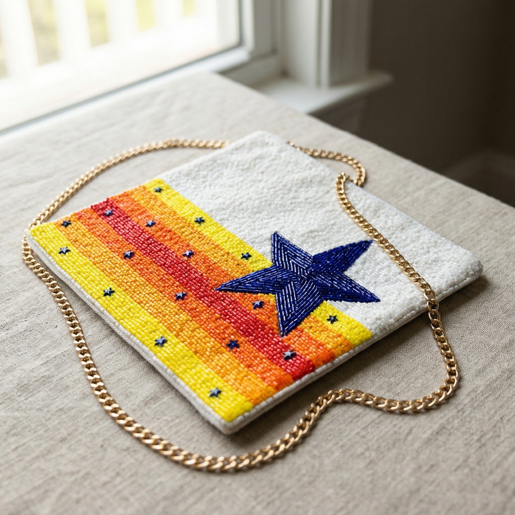 One sided Beaded Star Clutch with Gold Chain | Day to Night Handmade Statement Bag