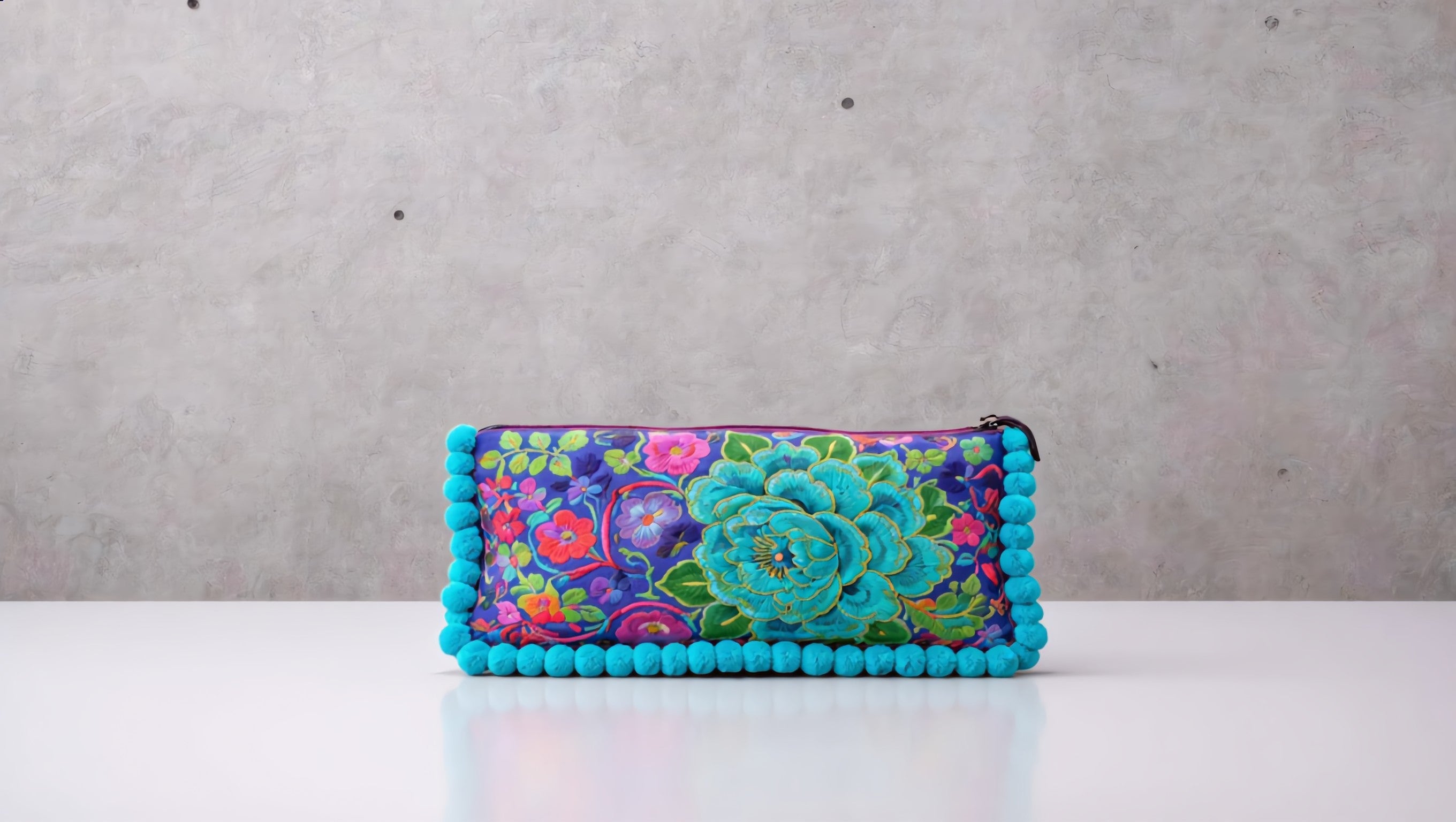 Embroidered toiletry bag, floral cosmetic pouch, fabric clutch with zipper