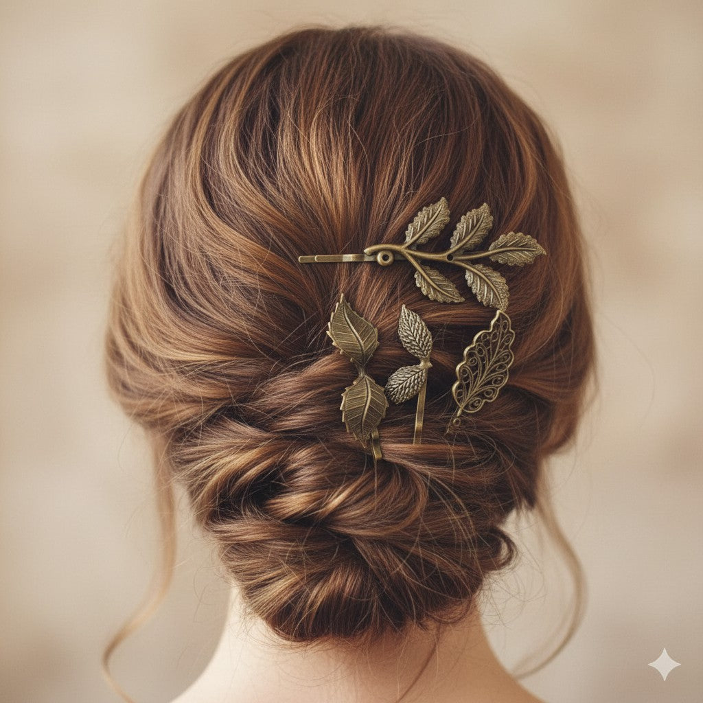 סט של 5 סיכות שיער בעיצוב עלים בסגנון וינטג' – סגנון בוטני עתיק – אביזרי שיער 