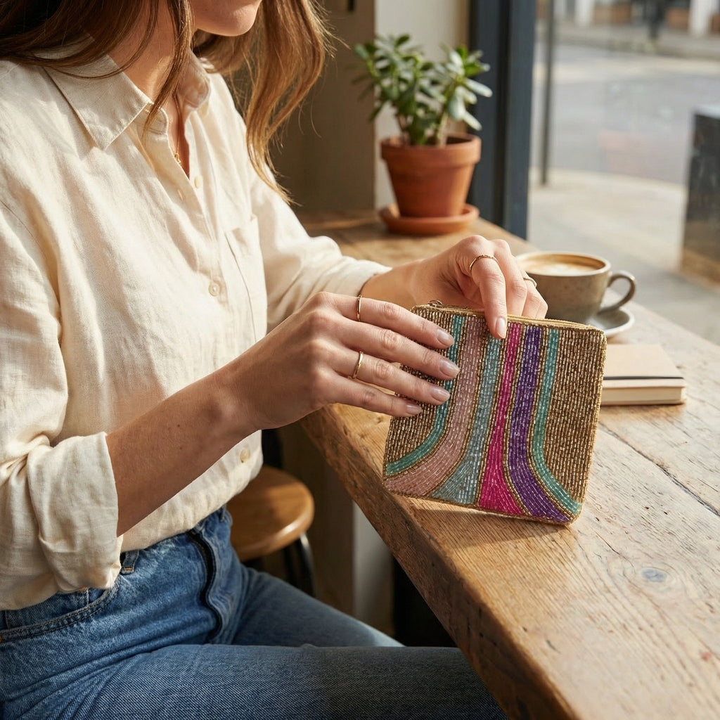 Beaded Zip Wallet | Handmade Colorful Bead Pouch | 13 x 13 cm Zipper Coin Purse