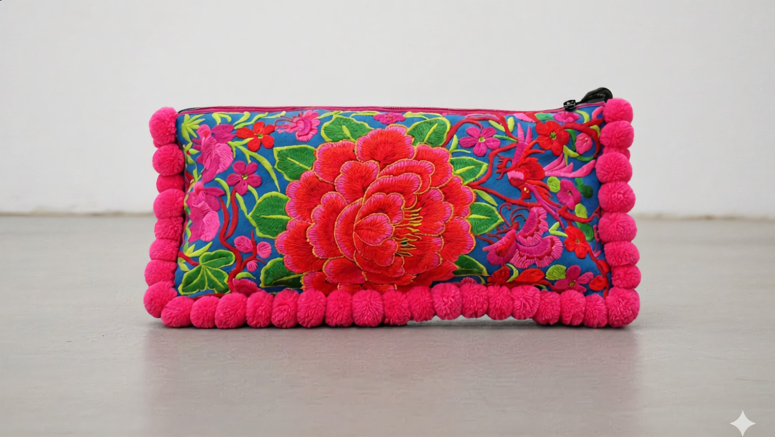 Embroidered toiletry bag, floral cosmetic pouch, fabric clutch with zipper