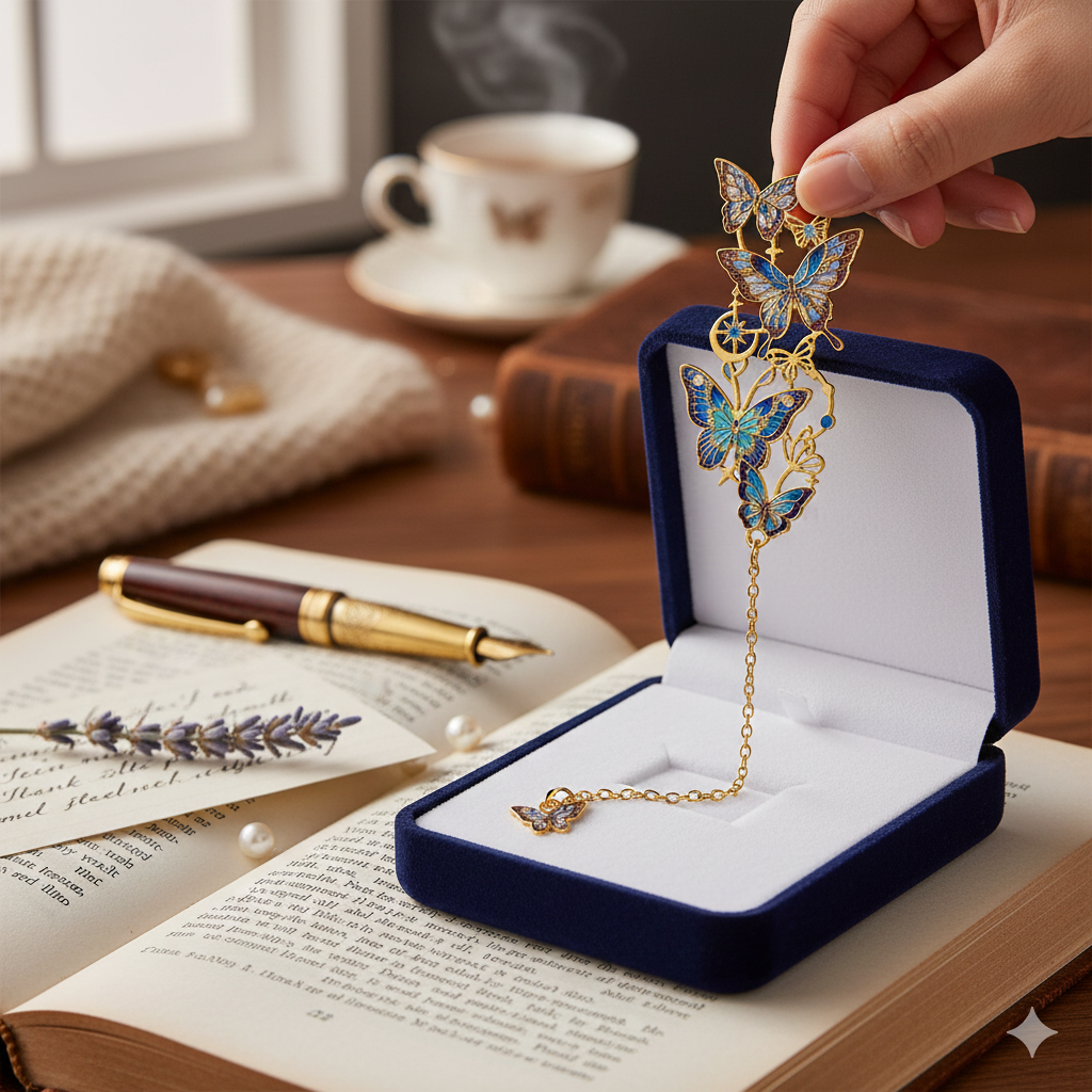Pair of butterfly chain bookmarks (set of 2) – made of colored plated metal with a pendant 