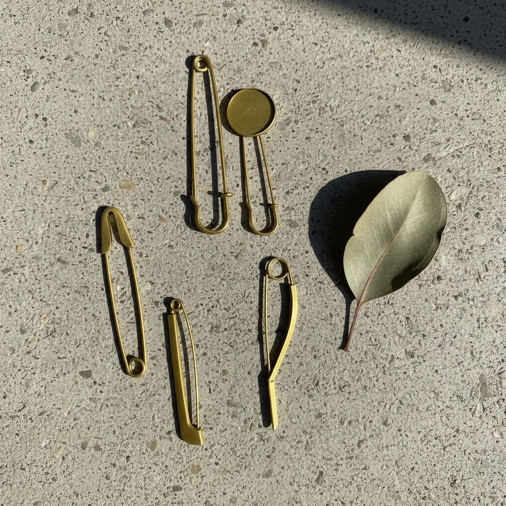Set of 5 Designer Gold Safety Pins | Industrial Brutalist Brooch| Minimalist Scarf & Coat  | Unisex Statement Jewelry Accessories