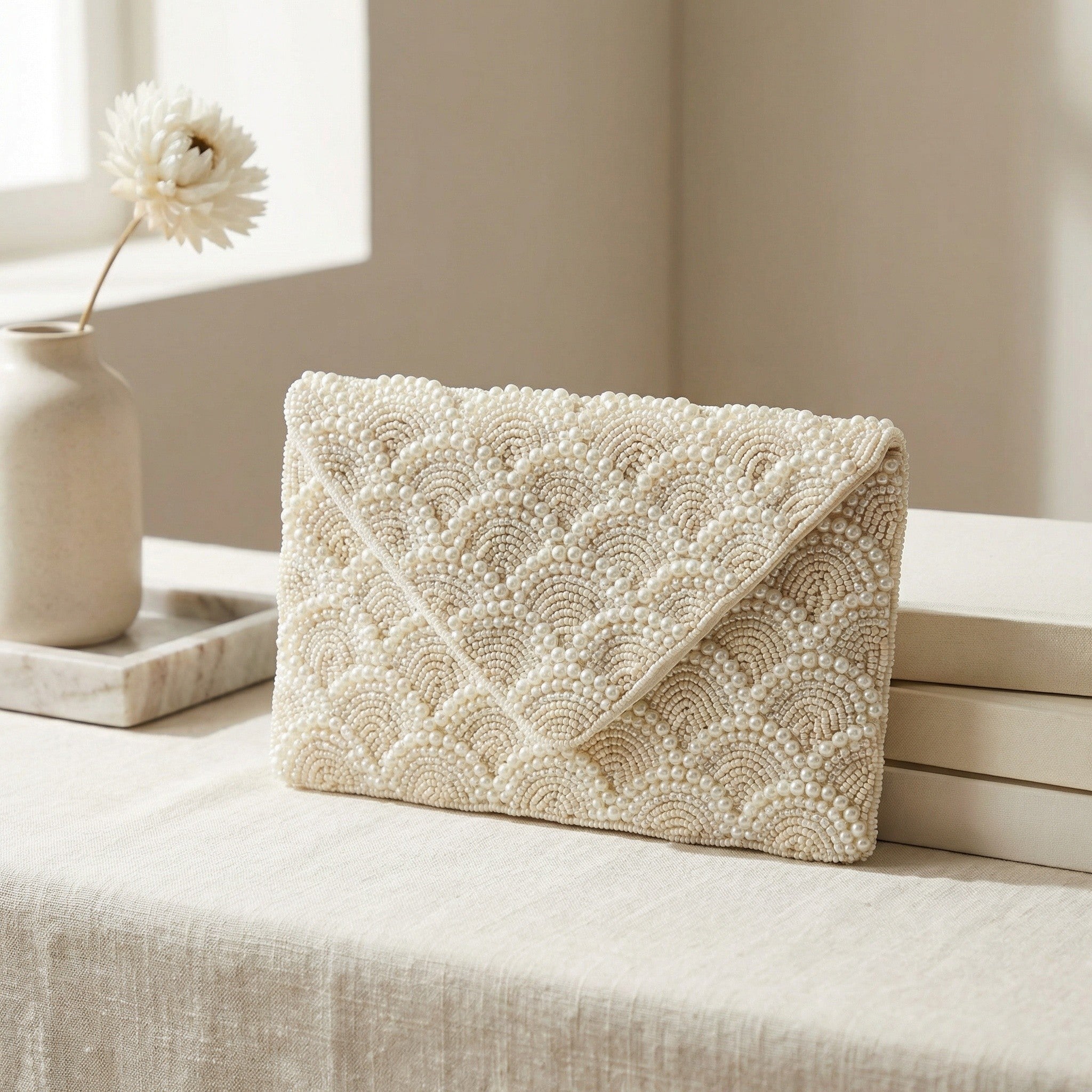 Beaded pearl clutch bag | Handmade ivory bead evening clutch