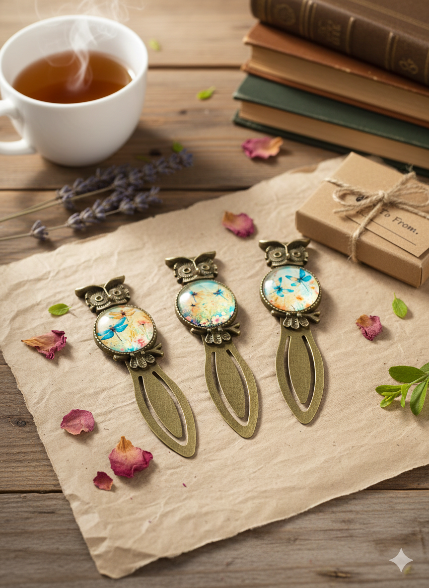 Three owl-themed bookmarks on a wooden surface with a cup of tea and books in the background.