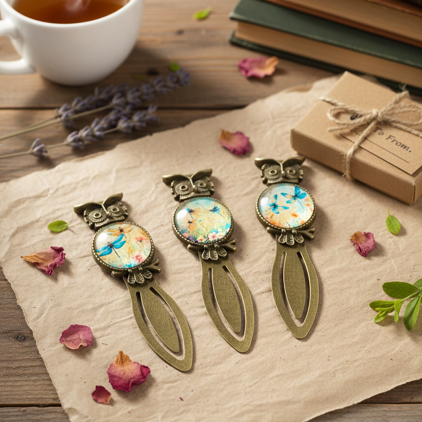 Vintage style owl and butterfly bookmark – metal with antique bronze finish