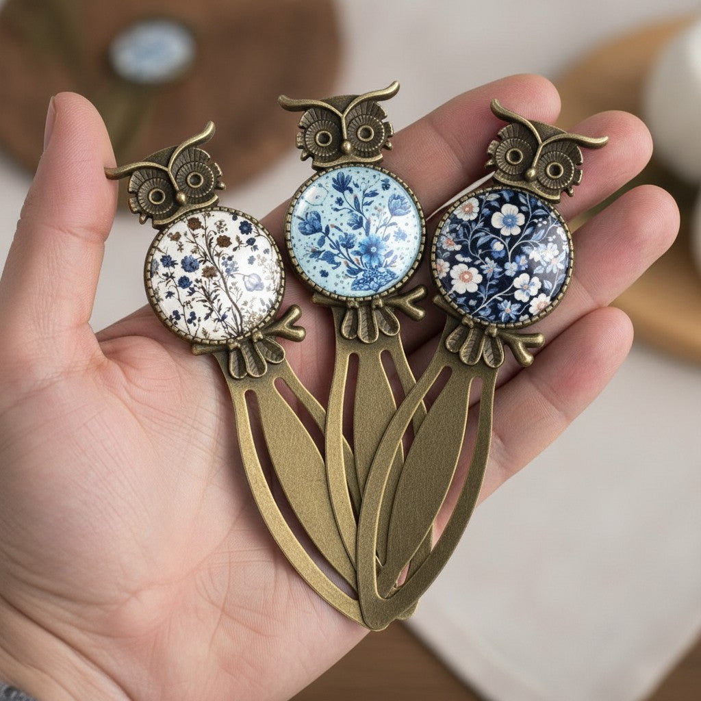 Vintage style owl and flower bookmark – metal with antique bronze finish
