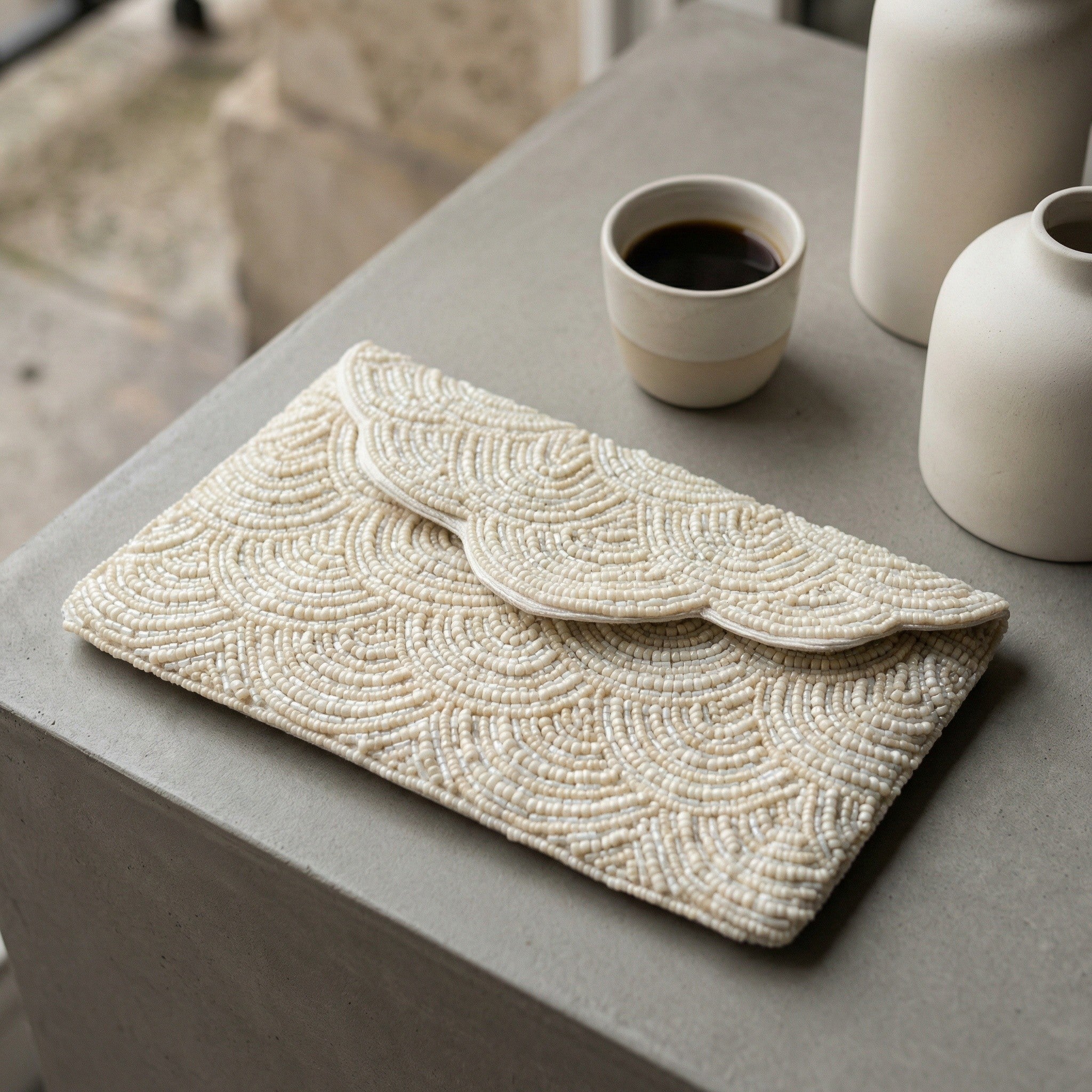 Handmade ivory beaded evening clutch | all over light beige beadwork