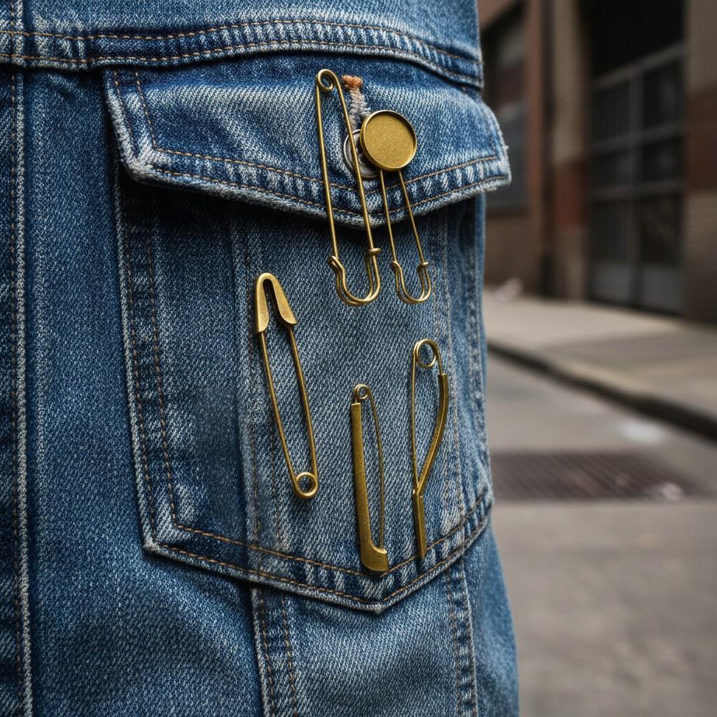Set of 5 designer gold safety pins, industrial style brooch