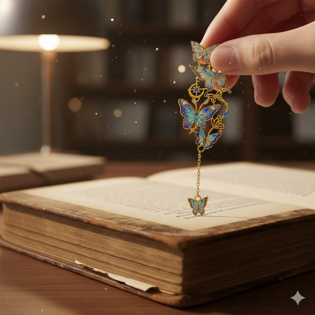 Pair of butterfly chain bookmarks (set of 2) – made of colored plated metal with a pendant 