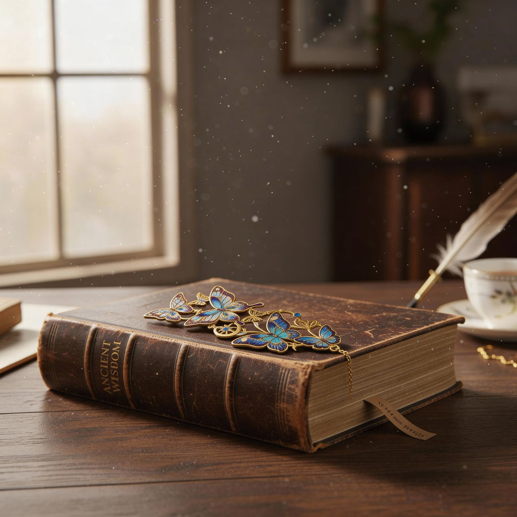 Pair of butterfly chain bookmarks (set of 2) – made of colored plated metal with a pendant 