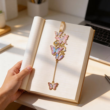 Butterfly Chain Bookmark Pair (2pcs Set) – Color Coated Metal Bookmarks with Dangle Charm, 3 Color Options