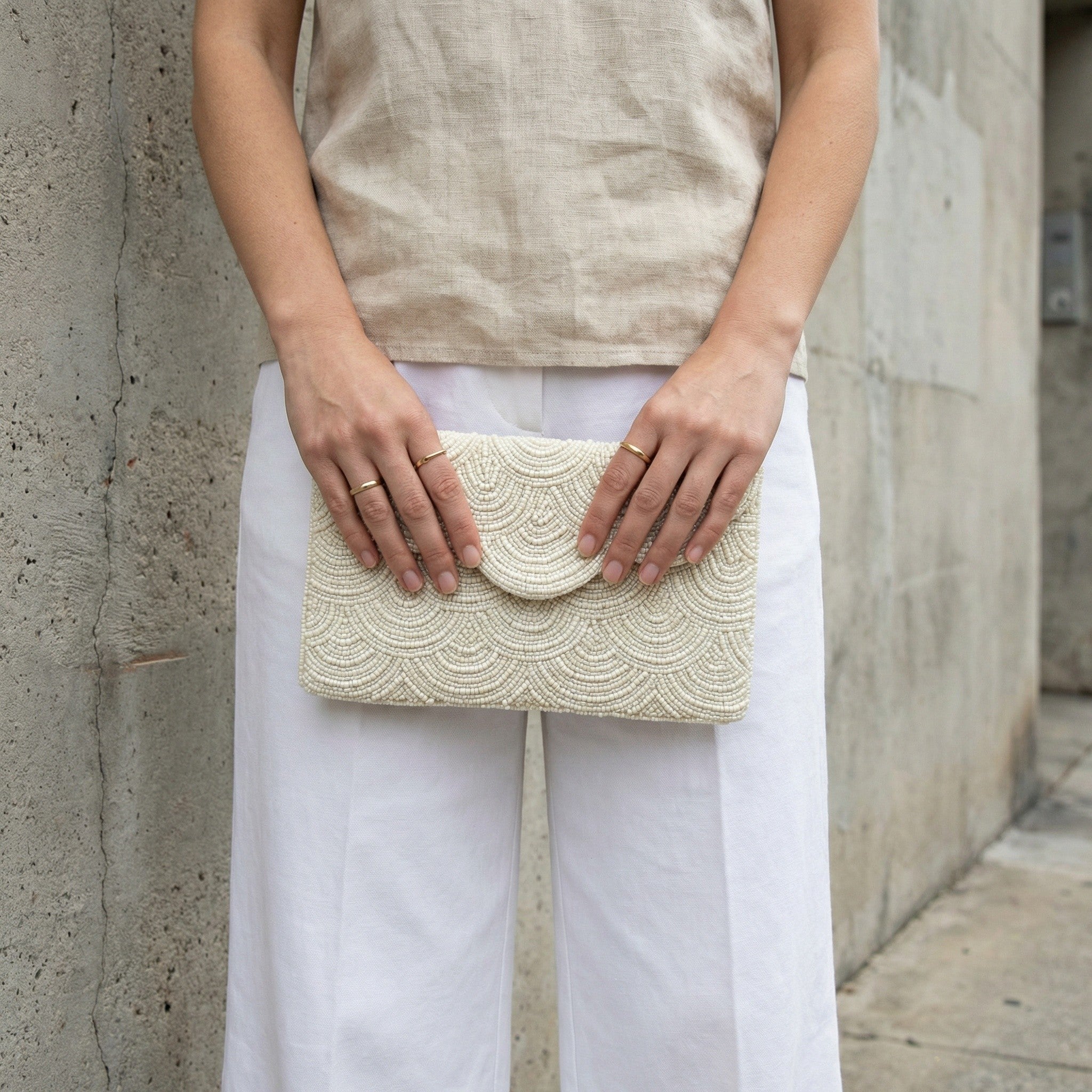 Handmade ivory beaded evening clutch | all over light beige beadwork