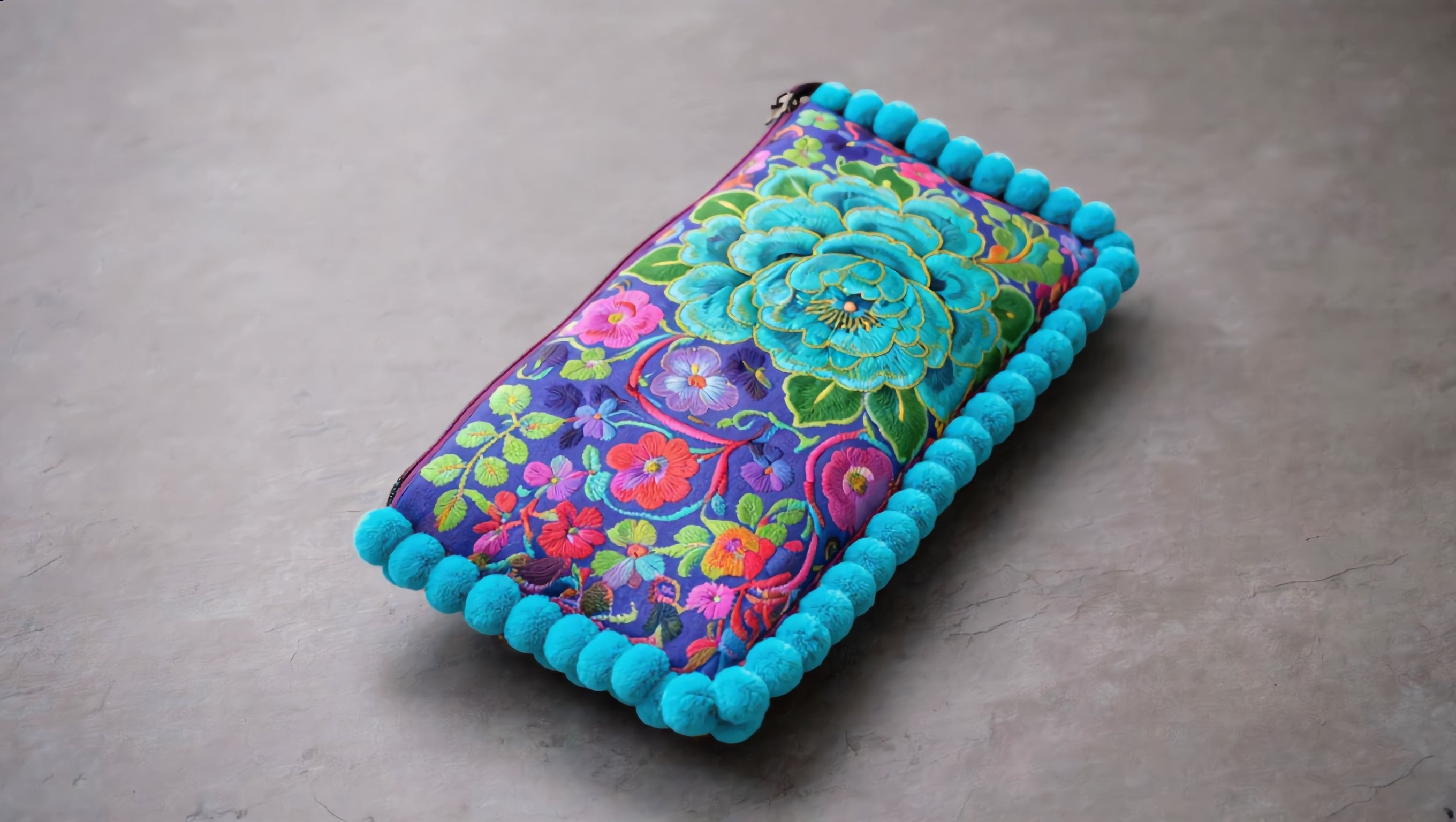 Embroidered toiletry bag, floral cosmetic pouch, fabric clutch with zipper