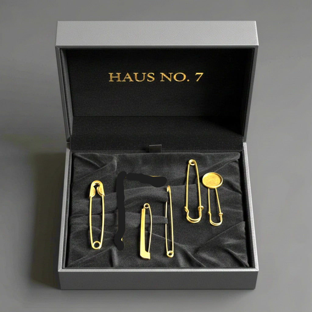 Set of 5 designer gold safety pins, industrial style brooch