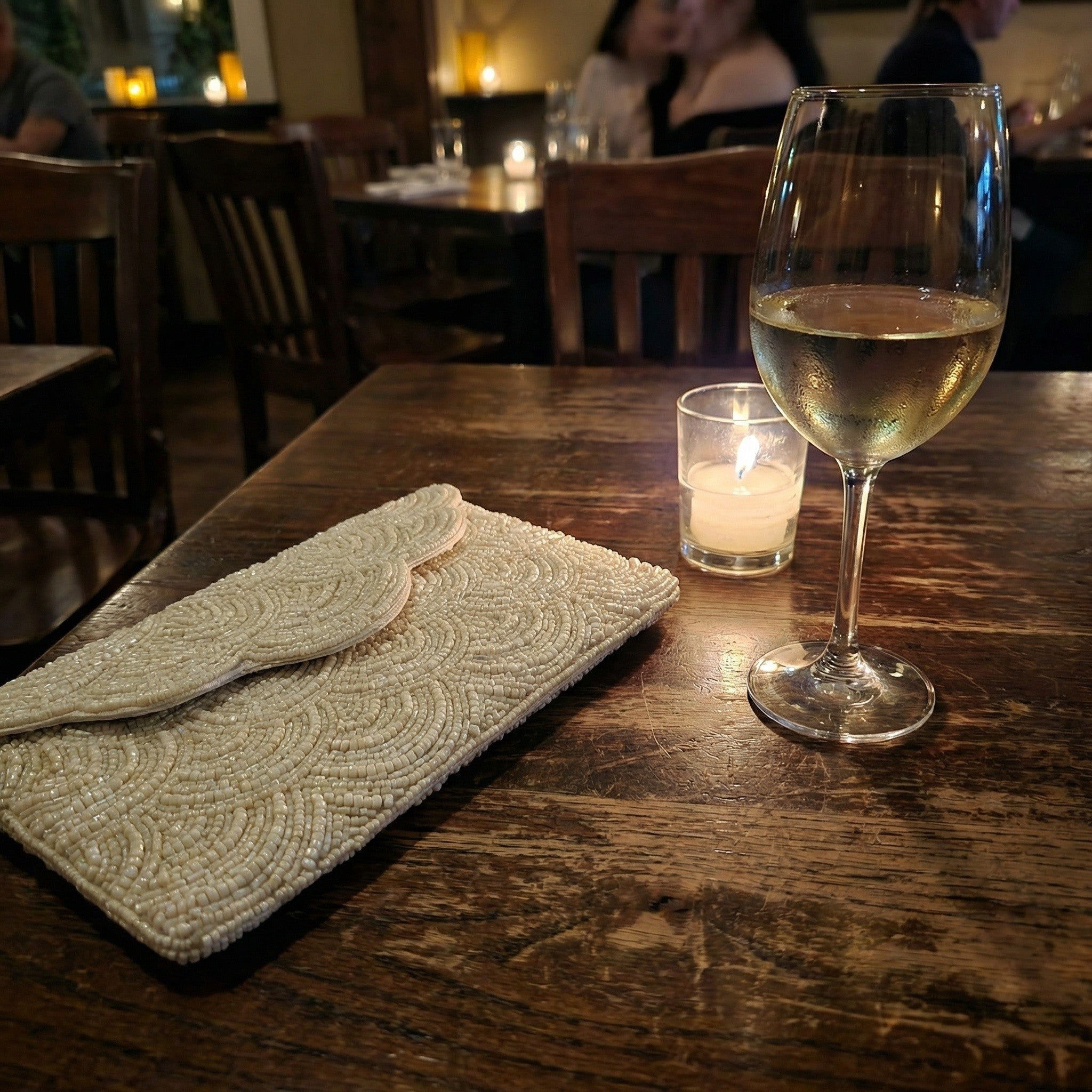 Handmade ivory beaded evening clutch | all over light beige beadwork