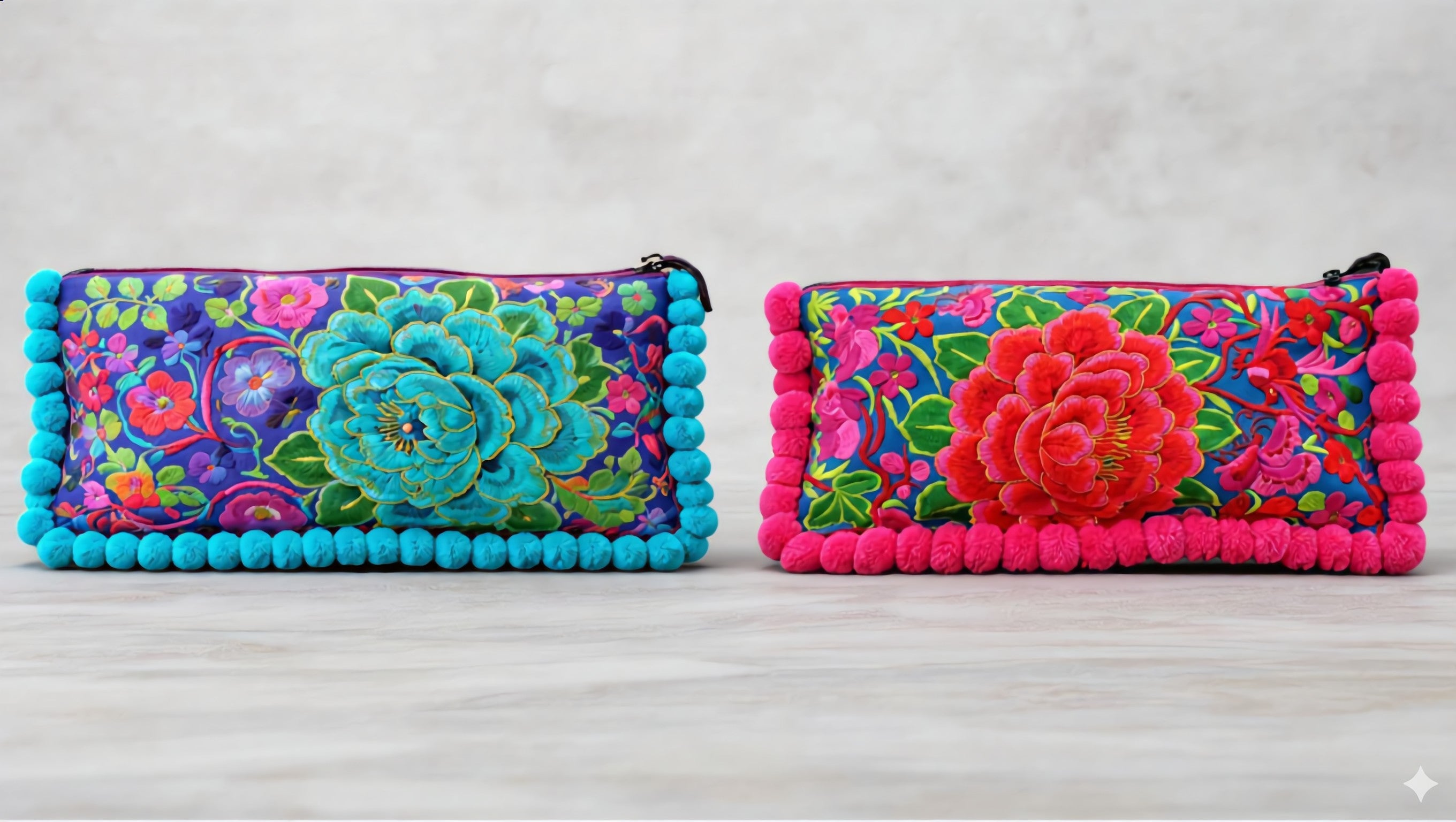 Embroidered toiletry bag, floral cosmetic pouch, fabric clutch with zipper