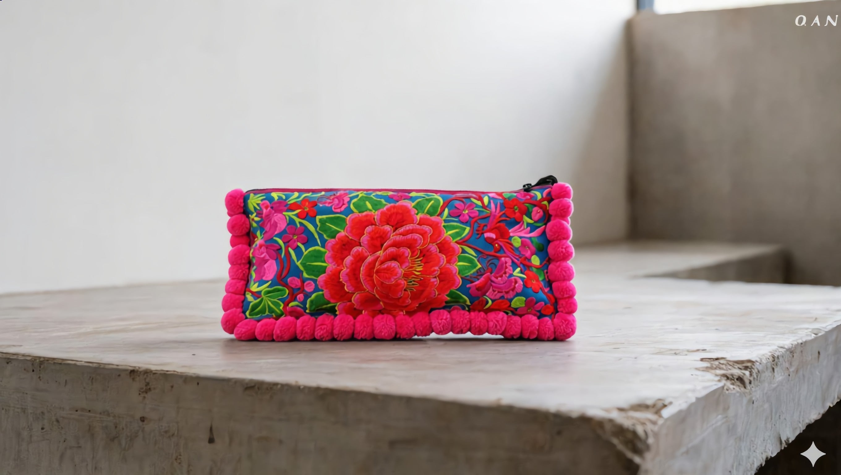 Embroidered toiletry bag, floral cosmetic pouch, fabric clutch with zipper