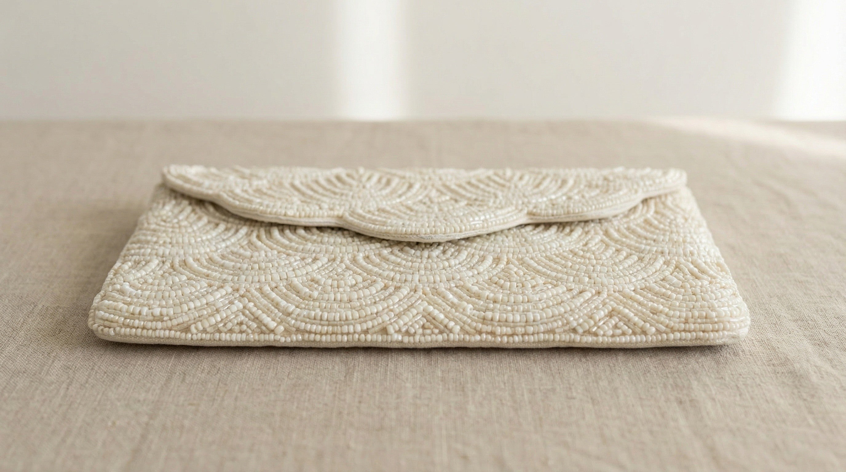 Beaded ivory clutch bag | Handmade light beige bead evening clutch