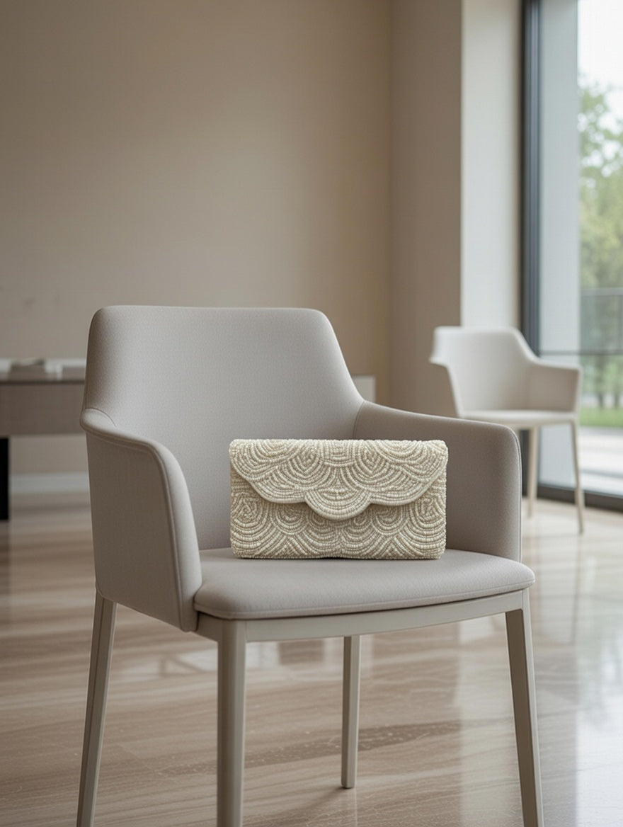Beaded ivory clutch bag | Handmade light beige bead evening clutch