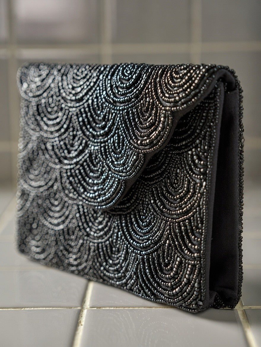 Handmade black beaded clutch  | Elegant beaded evening bag