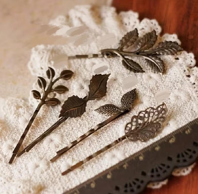 סט של 5 סיכות שיער בעיצוב עלים בסגנון וינטג' – סגנון בוטני עתיק – אביזרי שיער 