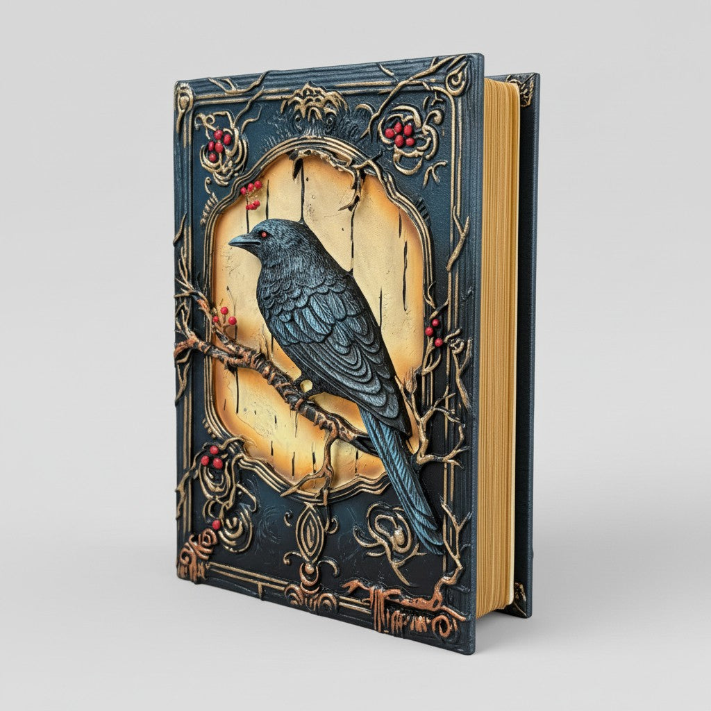 מחברת עורב (Raven) – מחברת בכריכה קשה מעוטרת – דפי קראפט חלקים – סימניית סרט עם תליון