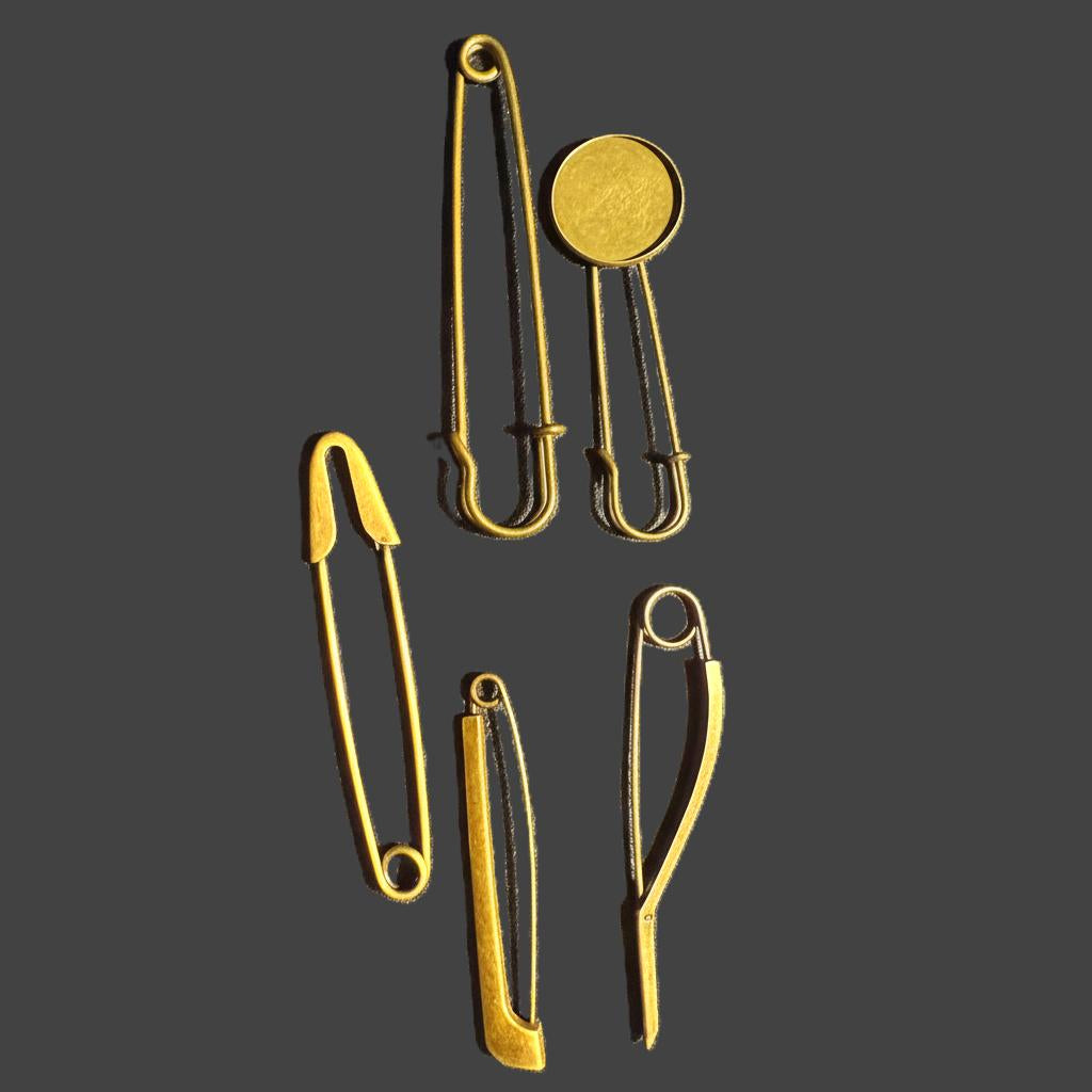 Set of 5 designer gold safety pins, industrial style brooch