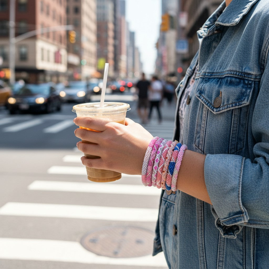 A selection of beaded bracelets in shades of pink, handmade from Nepal.