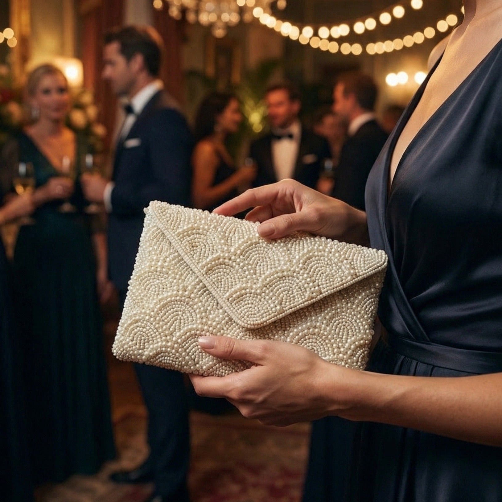 Double sided pearl clutch bag | Handmade ivory bead evening clutch