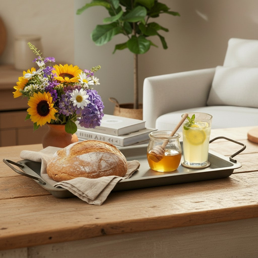 מגש דקורטיבי ממתכת  מוברש וינטג' – דקורצייה כפרית