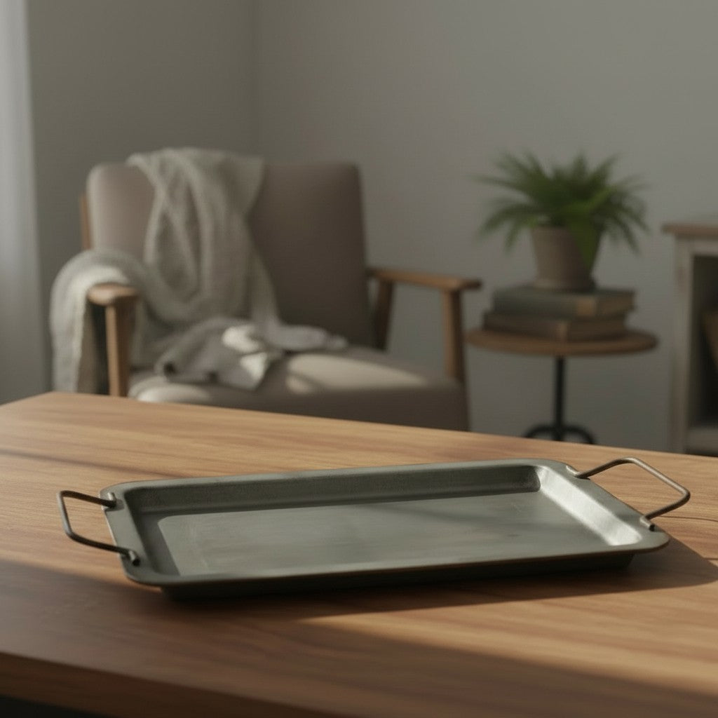 מגש הגשה מתכת  מוברש וינטג' – דקורצייה כפרית – מרכז שולחן 